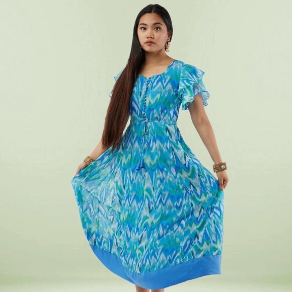 Blue Printed Chiffon Knee-Length Dress | Muvvas Boutique - Picture 3 of 6